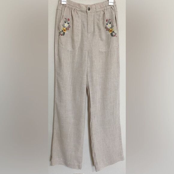 Summer beige trousers with floral embroidery size S - Picture 1 of 12